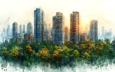 Obraz premium Watercolor Green Urban Landscape: Eco-Friendly Sustainable Living