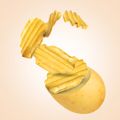 Raw potato turning into tasty crispy chips in air on beige gradient background