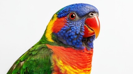 Fototapeta premium Vibrant Rainbow Lorikeet Parrot Close-Up on White Background - Colorful Exotic Bird with Bright Feathers