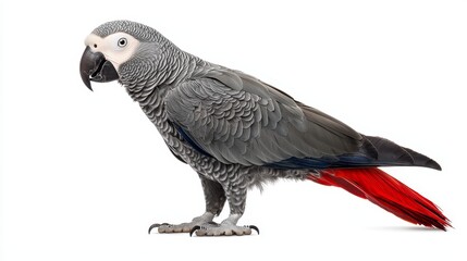 African Grey Parrot on White Background - Detailed Close-Up of Exotic Bird with Red Tail Feathers and Intricate Plumage