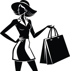 Stylish woman holding shopping bag silhouette vector icon, illustration on black and white. 