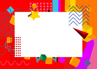 Colorful geometrical graphic retro theme background with place for text. Minimal geometric elements frame. Vintage abstract shapes vector illustration for advertising.