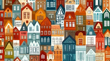 Naklejka premium A colorful illustration of a dense cityscape with many houses and windows.
