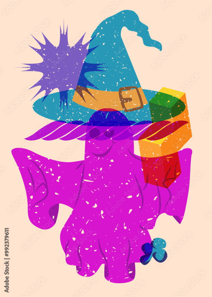Poster risograph halloween witch's hat and ghost with geometric shapes. objects in trendy riso graph print 