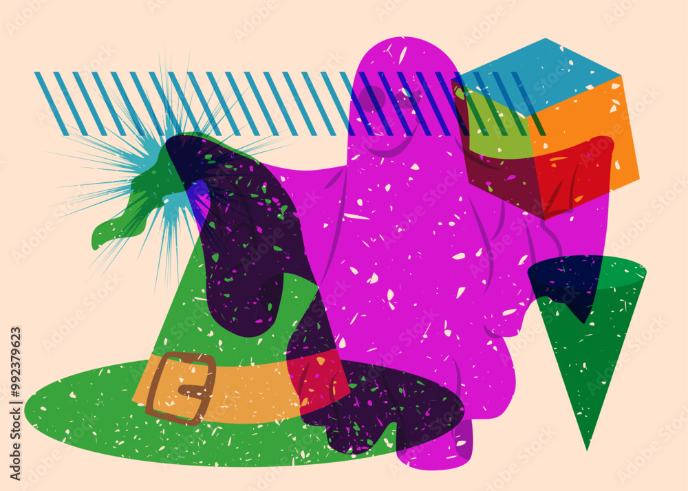 Poster risograph halloween witch's hat and ghost with geometric shapes. objects in trendy riso graph print 