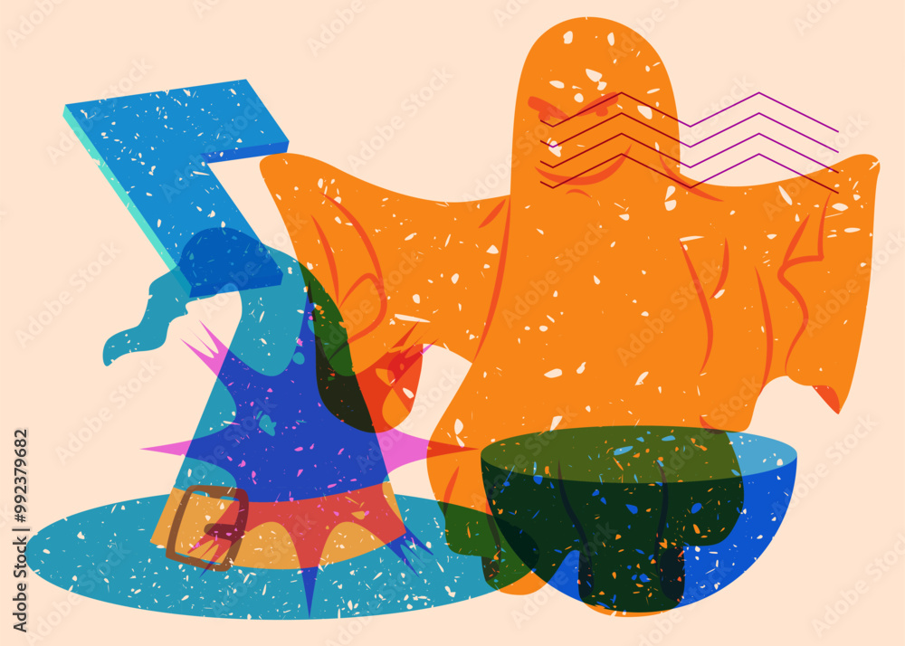 Poster risograph halloween witch's hat and ghost with geometric shapes. objects in trendy riso graph print 