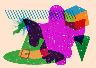 Risograph Halloween Witch's Hat and Ghost with geometric shapes. Objects in trendy riso graph print texture style design with geometry elements.