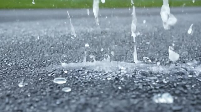Raindrops fall onto a smooth asphalt surface, creating splashes and ripples while water beads gather, enhancing the tranquil atmosphere of a spring rain