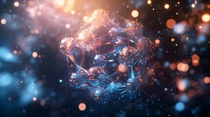 Fototapeta premium Abstract Molecular Structure with Glowing Spheres and Blurred Lights