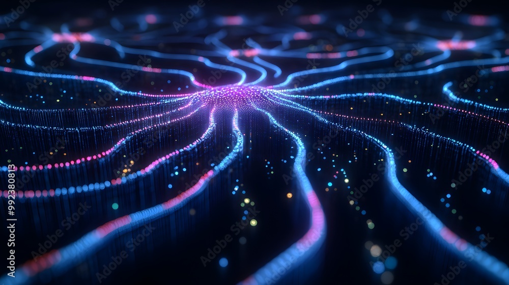 Poster abstract network of interconnected glowing lines and particles
