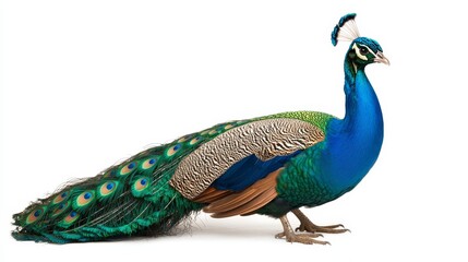 Obraz premium Majestic Peacock with Vibrant Plumage on a Pristine White Background Showcasing Its Elegant Feathers and Graceful Stance