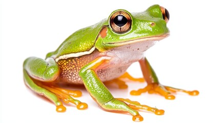 Obraz premium Close-up of a Vibrant Green Tree Frog with Orange Feet on a White Background