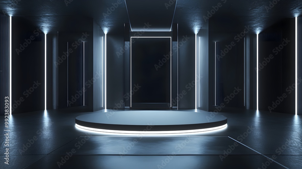 Poster futuristic dark podium with light and reflection background.