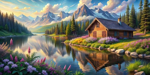 Fototapeta premium A rustic wooden cabin nestled amidst vibrant wildflowers along a tranquil lake, surrounded by towering snow-capped mountains and a vibrant sky with clouds reflecting in the water.