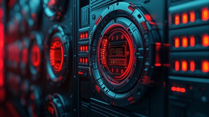 Obraz premium High-Tech Digital Transaction Interface with Futuristic Red and Blue LED Lights