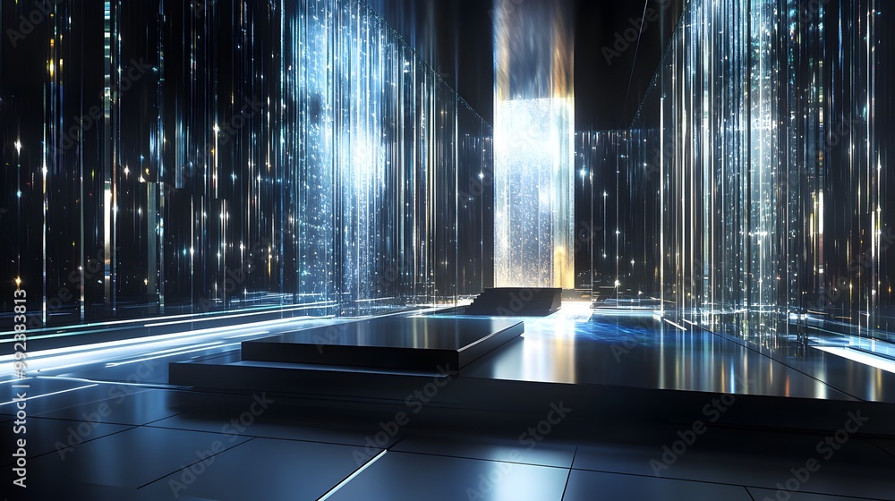 Poster futuristic dark podium with light and reflection background.