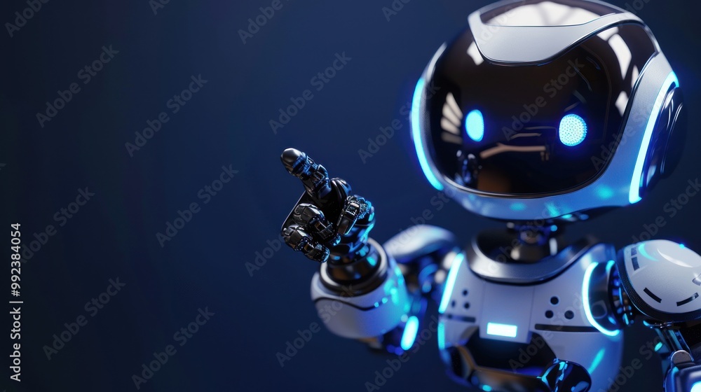 Poster cute futuristic robot pointing finger at copy space on blue background ai generated image