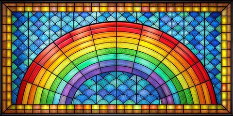 Obraz premium Stained Glass Window Depicting a Rainbow Arcing Over a Scaled Pattern in Shades of Blue