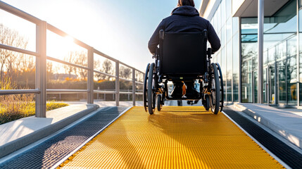 A person in motorized wheelchair is using ramp to access building, showcasing accessibility and independence. scene is illuminated by warm sunlight, creating positive atmosphere