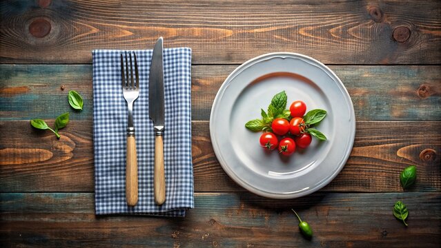 A rustic wooden table setting with a white plate of cherry tomatoes and basil, accompanied by a blue and white checkered napkin and silverware.