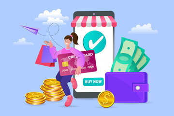 A woman completes a successful online payment on an e-commerce app. She holds a credit card and shopping bags, as the smartphone store shows a checkmark. A wallet with cash is nearby.