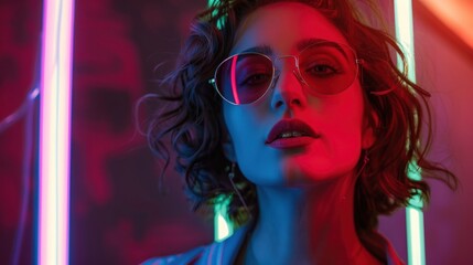 Obraz premium Attractive stylish young woman feeling confident under neon lights AI generated image