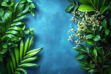 Obraz premium Tropical Greenery Frame on Teal Background: Lush green leaves and delicate white blossoms create a vibrant and natural frame on a calming teal backdrop. Perfect for showcasing your products, designs.