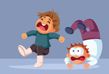 Kids Falling on a Slippery Floor Vector Cartoon illustration. Unlucky boys slipping on ice feeling hurt shouting loudly 
