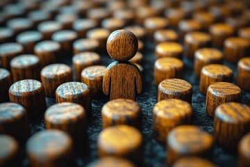 Standing Out From the Crowd: A lone wooden figure stands tall and distinct among a sea of identical figures, symbolizing individuality and leadership in a world of conformity.