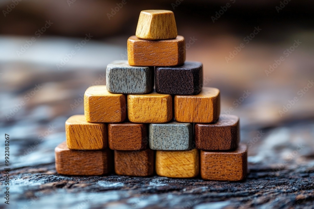 Aufkleber wooden blocks pyramid: a pyramid of wooden blocks stacked in a triangular formation, symbolizing gro