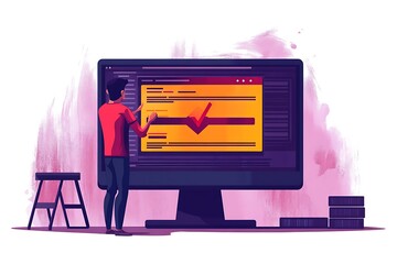  Tiny people examining operating system error warning on web page isolated flat vector illustration. Cartoon mistake and alert on website. 