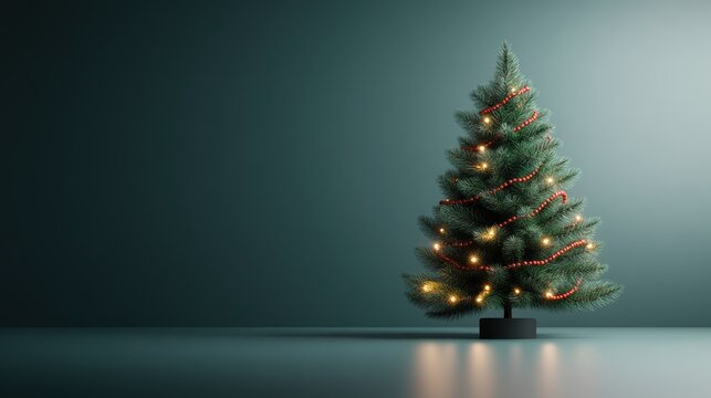 Christmas tree adorned with lights, set against a calm green backdrop.