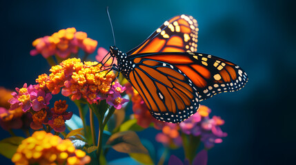 Beautiful orange monarch butterfly with black wings perches on a colorful yellow flower in a summer garden