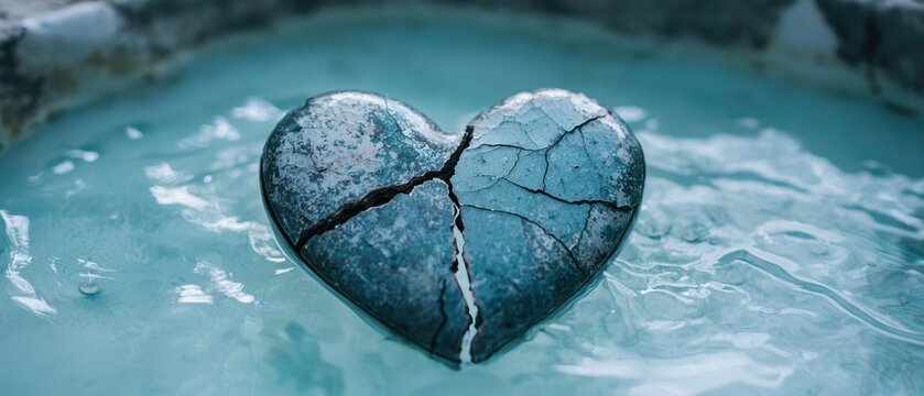 Cracked heart-shaped stone floating in turquoise water - Powered by Adobe