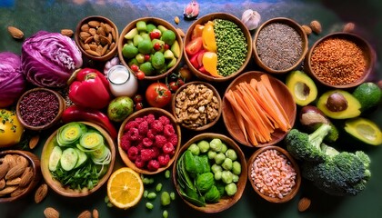 Fototapeta premium A vibrant spread of delicious low-carb meals showcases colorful vegetables, lean proteins, and healthy fats, offering satisfying choices that promote wellness and weight loss.