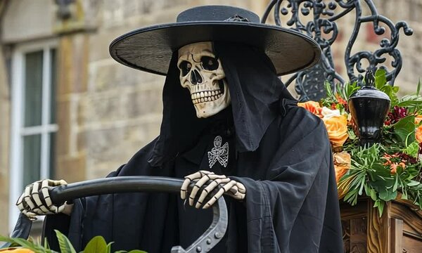 Ankou is a grim reaper figure from Breton mythology. He drives a cart to collect the souls of the deceased and is often depicted as a skeletal figure wearing a wide-brimmed hat.