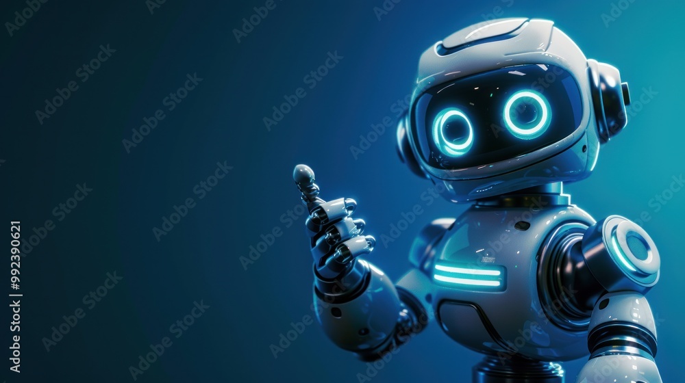 Poster cute futuristic robot pointing finger at copy space on dark blue background ai generated image