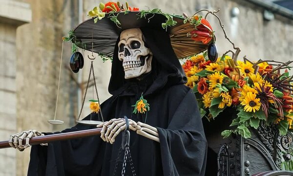 Ankou is a grim reaper figure from Breton mythology. He drives a cart to collect the souls of the deceased and is often depicted as a skeletal figure wearing a wide-brimmed hat.