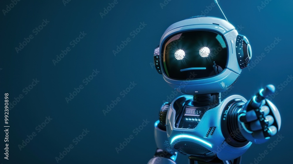 Poster cute futuristic robot pointing finger at copy space on dark blue background ai generated image