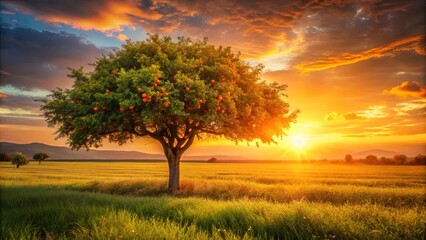 Fototapeta premium A solitary tree laden with fruit stands tall against a vibrant sunset, its silhouette cast against a field of golden grass, a serene and captivating scene.