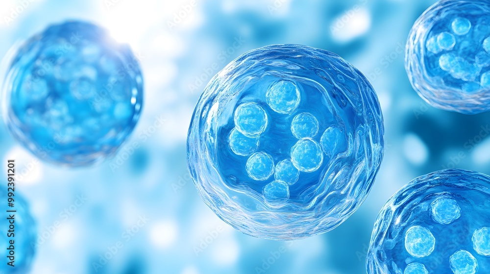 Poster microscopic view of blue cells with multiple inner structures
