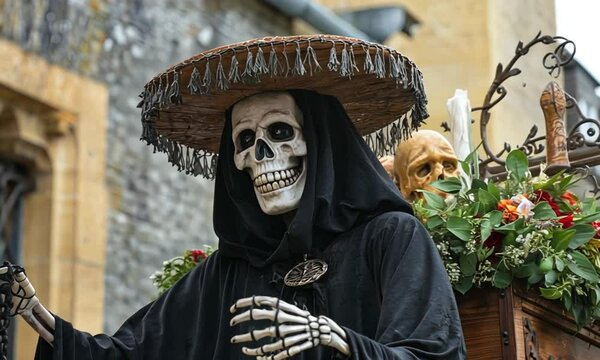 Ankou is a grim reaper figure from Breton mythology. He drives a cart to collect the souls of the deceased and is often depicted as a skeletal figure wearing a wide-brimmed hat.