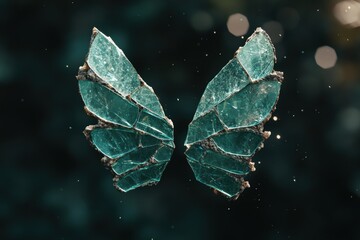 Broken glass wings against dark background