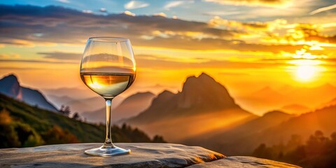 A glass of white wine rests on a rock with a mountain sunset as its backdrop