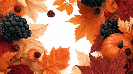 Naklejka premium Autumn leaves with blackberries and a pumpkin.