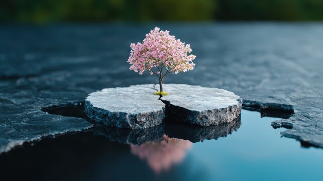Resilient tree blooming on floating island