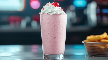 Delicious strawberry milkshake with whipped cream and cherry