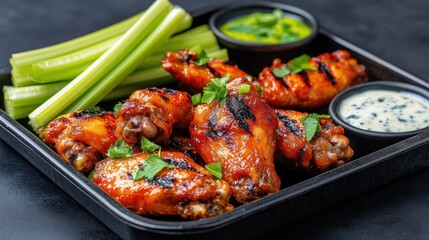 Fototapeta premium Delicious grilled chicken wings served with celery and dips.
