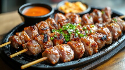 Delicious skewered meat dish served on a sizzling platter.