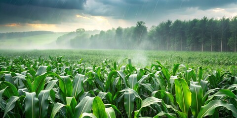 Fototapeta premium A field of corn stalks bathed in sunlight and rain with a misty forest in the background